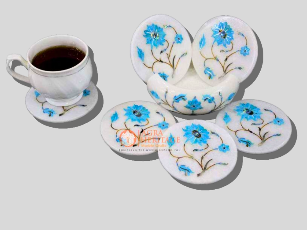 Marble White Turquoise Stone Floral Coaster Set
